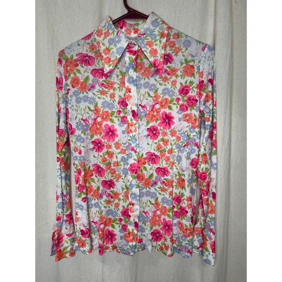 no brand Tops - 1970s Love Birds Floral Saturday Night Fever Disco Maximalist Dagger Shirt S